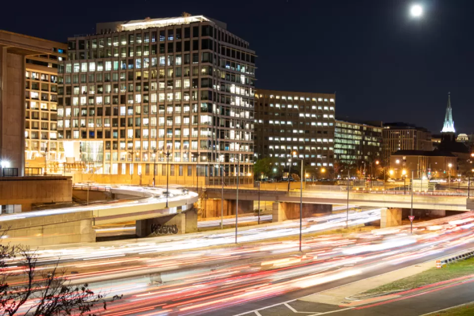 A long exposure of Interstate 395 through downtown Washington D.C. on a busy night.